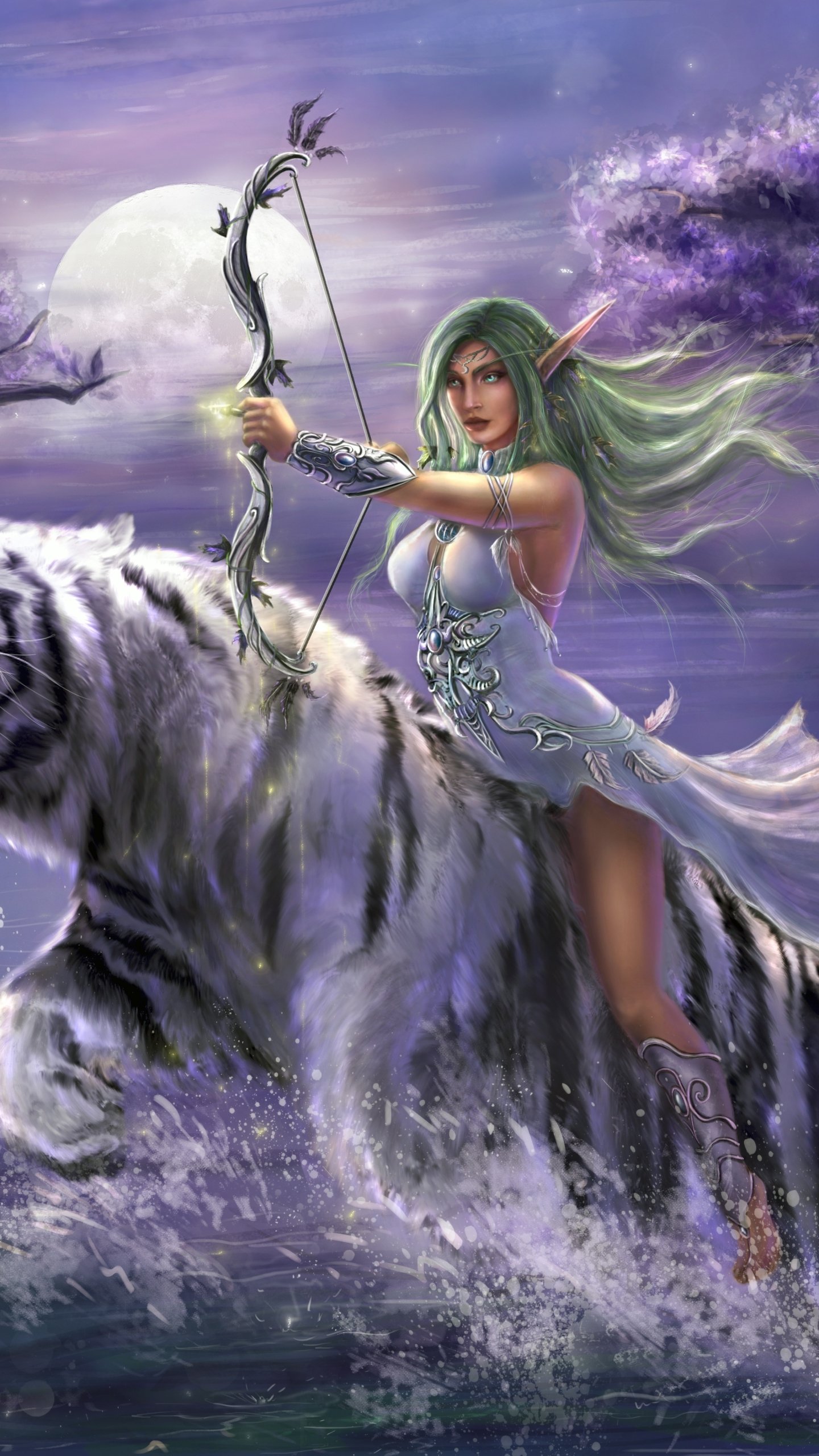 Download White Tiger Pointed Ears Green Hair Blue Eyes Bow Tiger Woman Warrior Elf Tyrande Whisperwind Video Game World Of Warcraft Phone Wallpaper