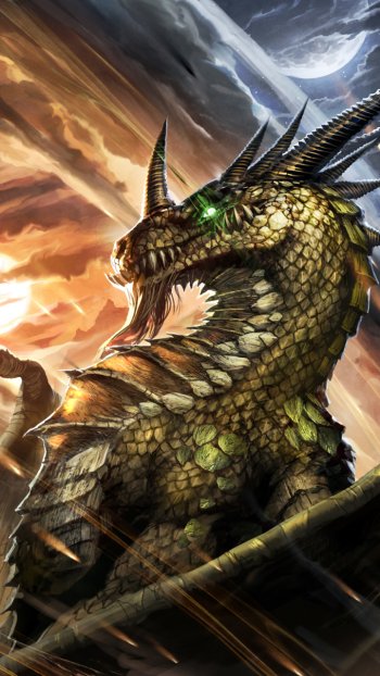 Fantasy dragon with an emerald eye and gold-green scales roaring beneath swirling storm and sunlit clouds — dramatic vertical phone wallpaper.