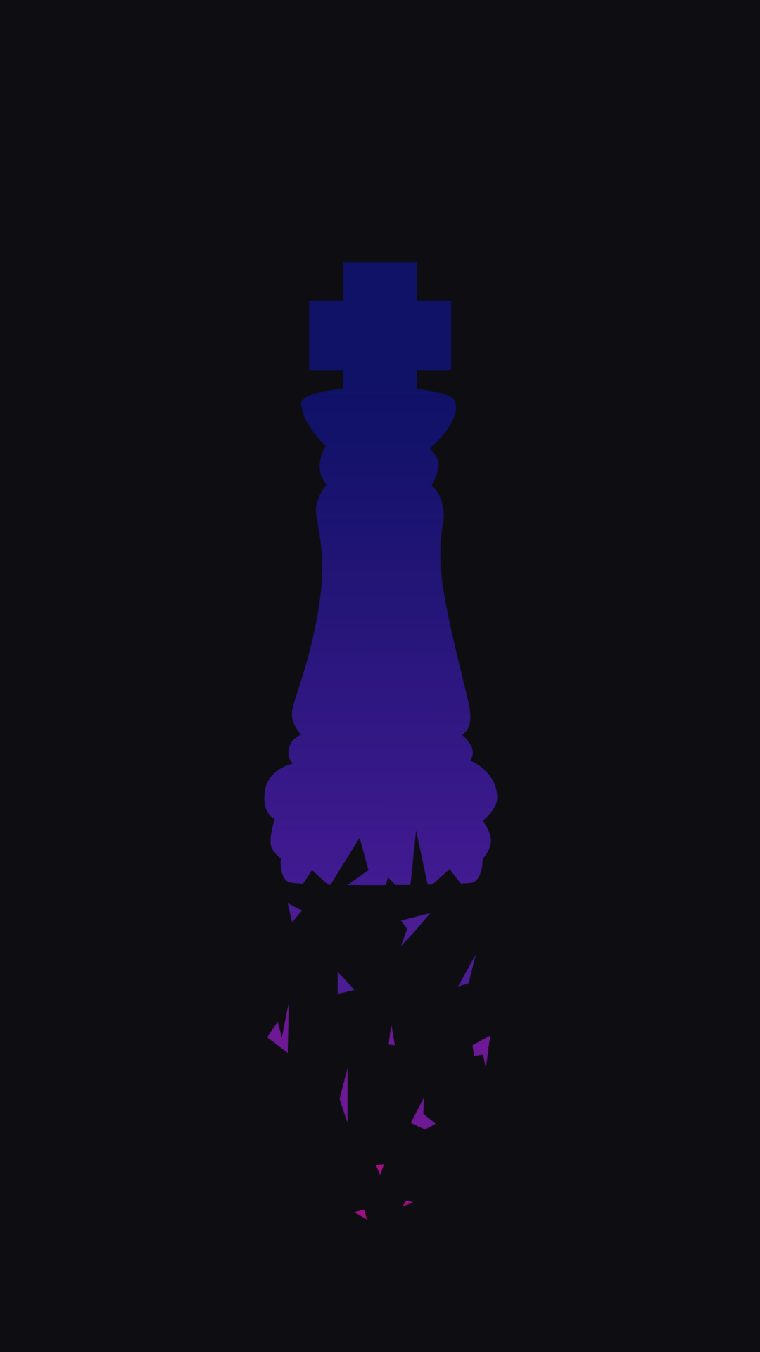 Minimalist No Game No Life anime phone wallpaper: a tall purple-to-blue chess piece silhouette dissolving into scattered shards on a black background.