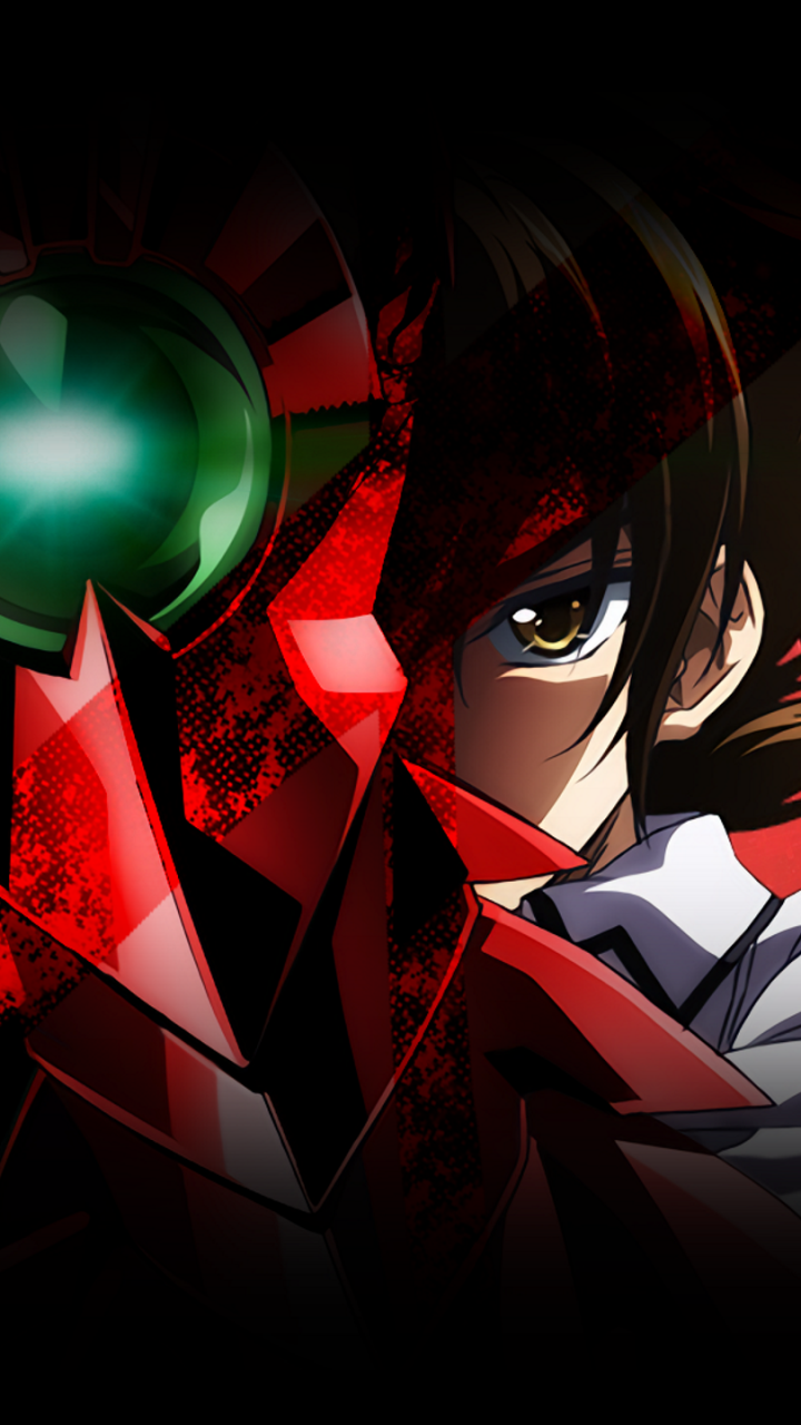 Phone wallpaper featuring an intense close-up of a High School DxD anime character with dark hair and striking eyes, framed by bold red and green mechanical elements.