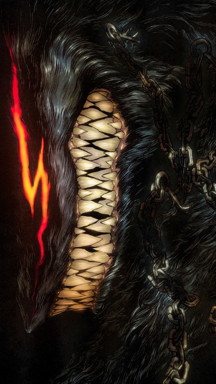 Phone wallpaper, anime Berserk: close-up of a dark, furred demonic maw with stitched/laced flesh, a glowing red eye streak and tangled rusted chains.
