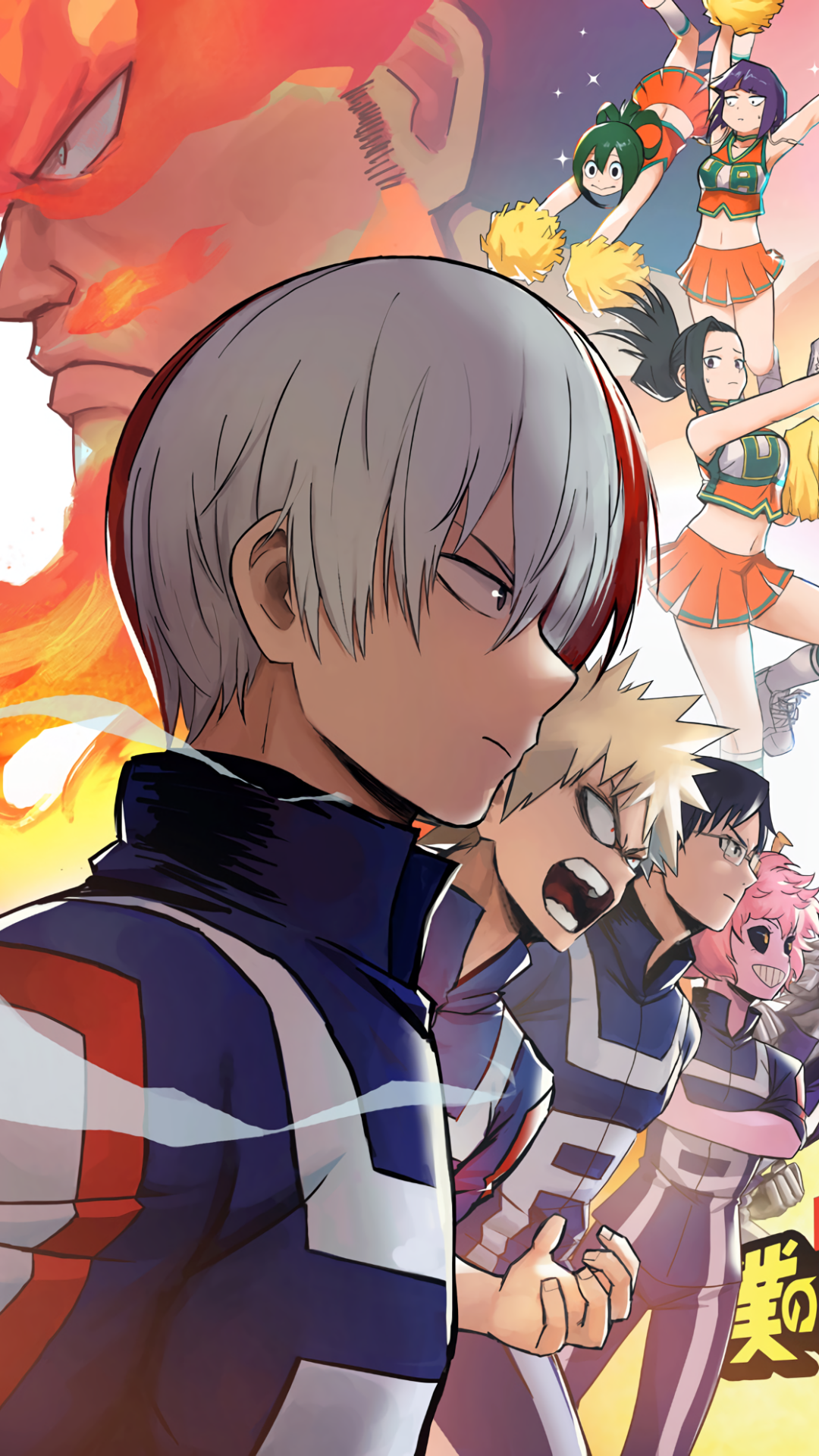 Phone wallpaper featuring My Hero Academia characters including Todoroki, Bakugou, Kaminari, Jirō, Tetsutetsu, Iida, Yaoyorozu, Ashido, Shiozaki, Hagakure, and Asui in action.
