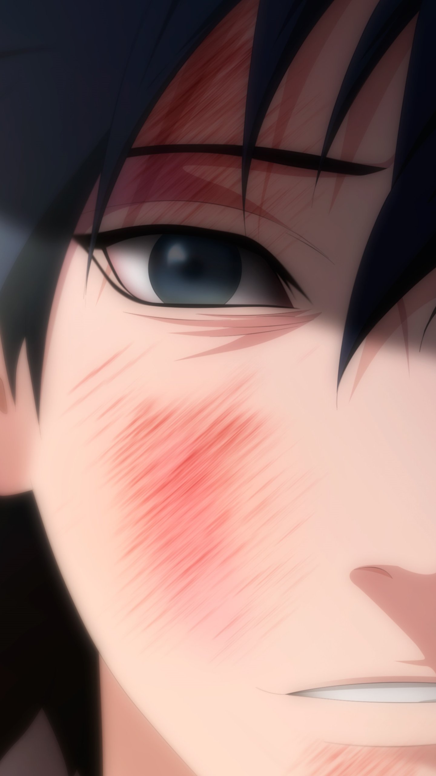 Close-up anime wallpaper of Sasuke Uchiha (Naruto): bruised cheek, intense gray eye, and dark hair falling across his forehead.