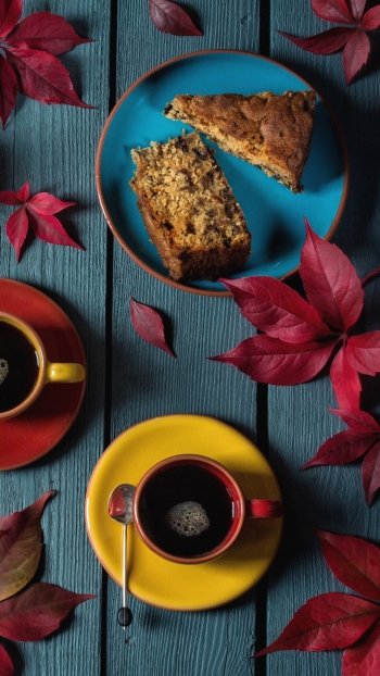 fall leaf coffee cake pumpkin glove photography still life Phone Wallpaper