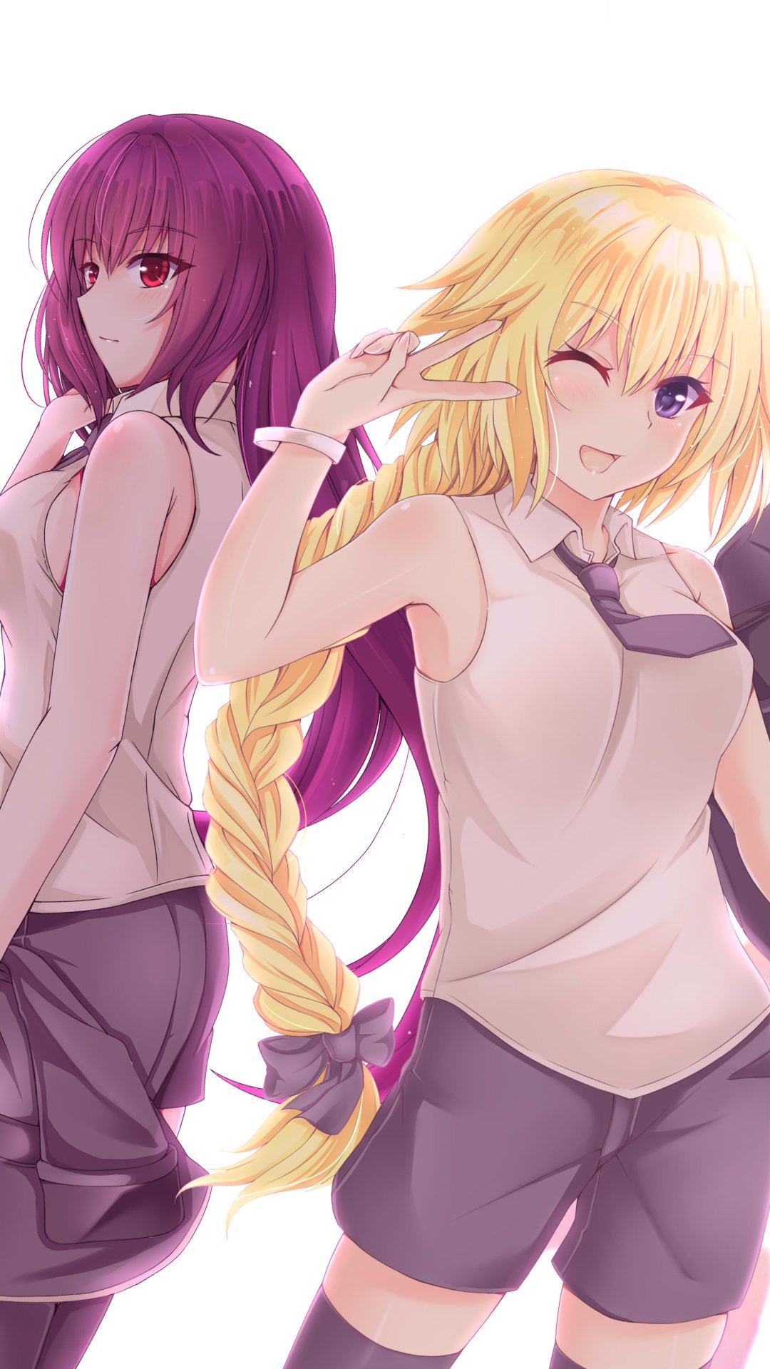 Phone wallpaper anime art featuring Sakura Saber, Ruler (Fate/Apocrypha) and Scathach (Fate/Grand Order): two heroines back-to-back, blonde winking, purple-haired gazing.