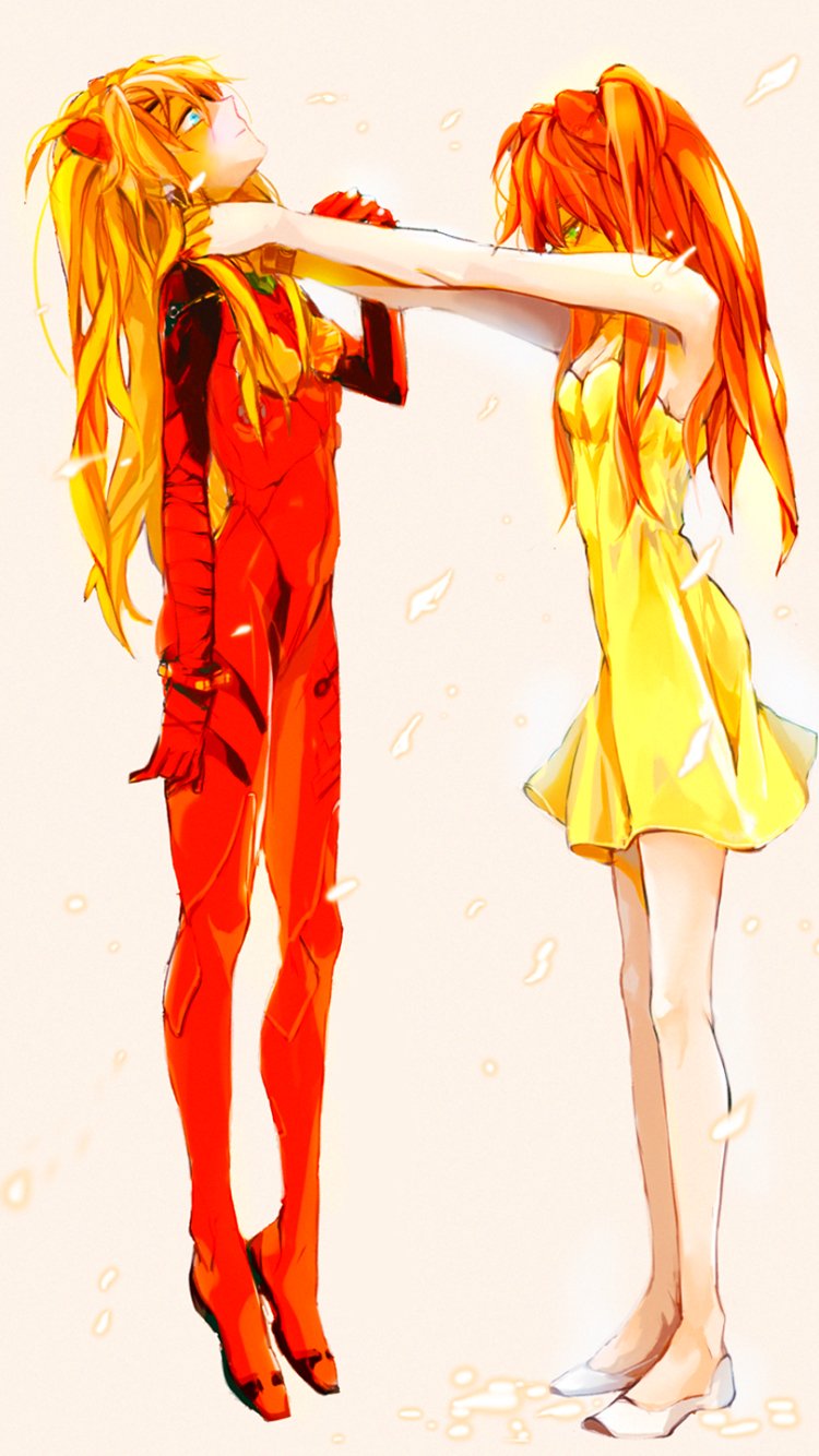 Phone wallpaper of Asuka Langley Sohryu (Neon Genesis Evangelion): two Asukas — one in a red plugsuit and one in a yellow dress — reaching toward each other.
