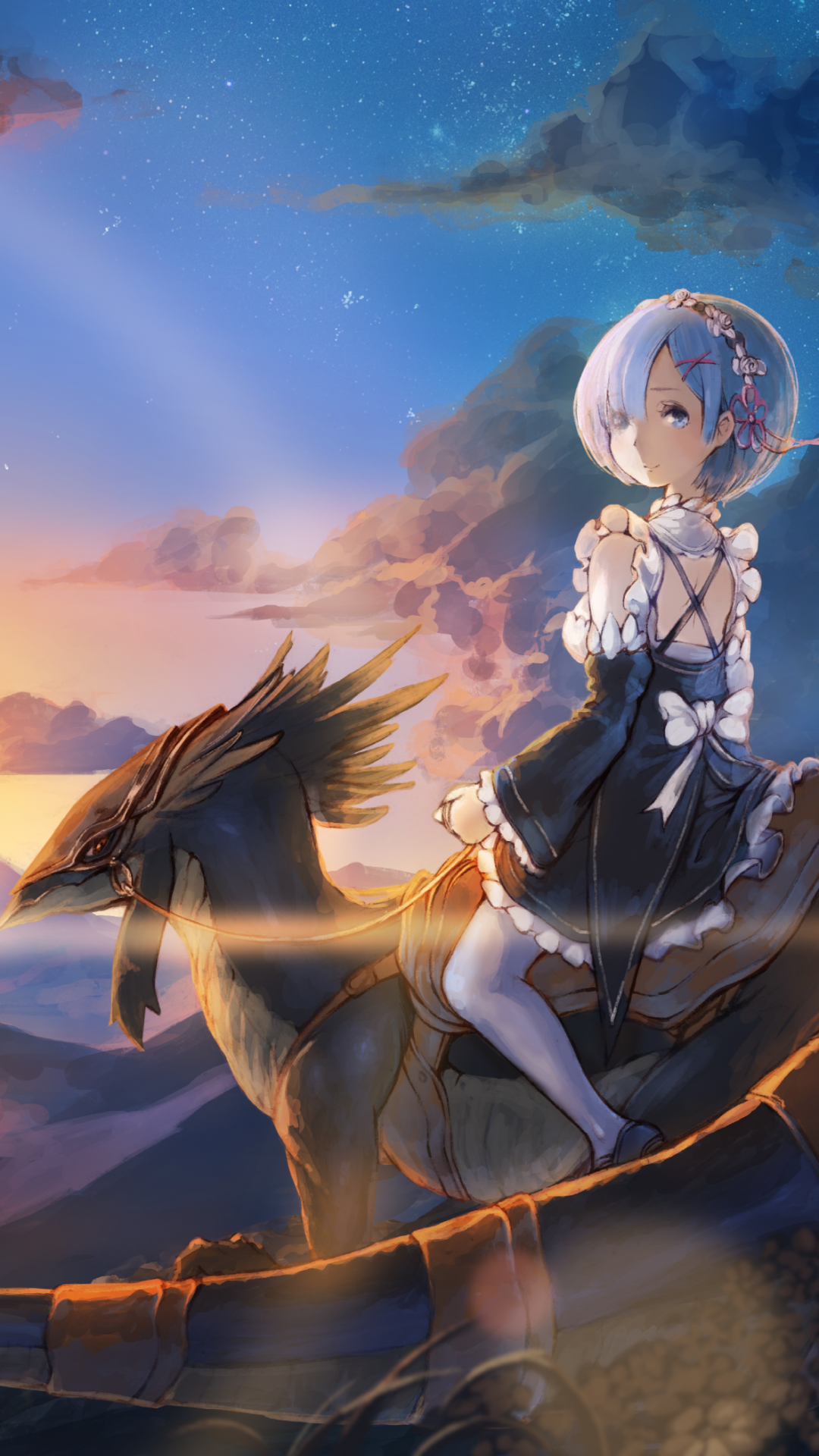 Anime phone wallpaper of Rem (Re:ZERO) from Re:Zero - Starting Life in Another World, seated on a dark mythical beast at sunset beneath a starry sky.