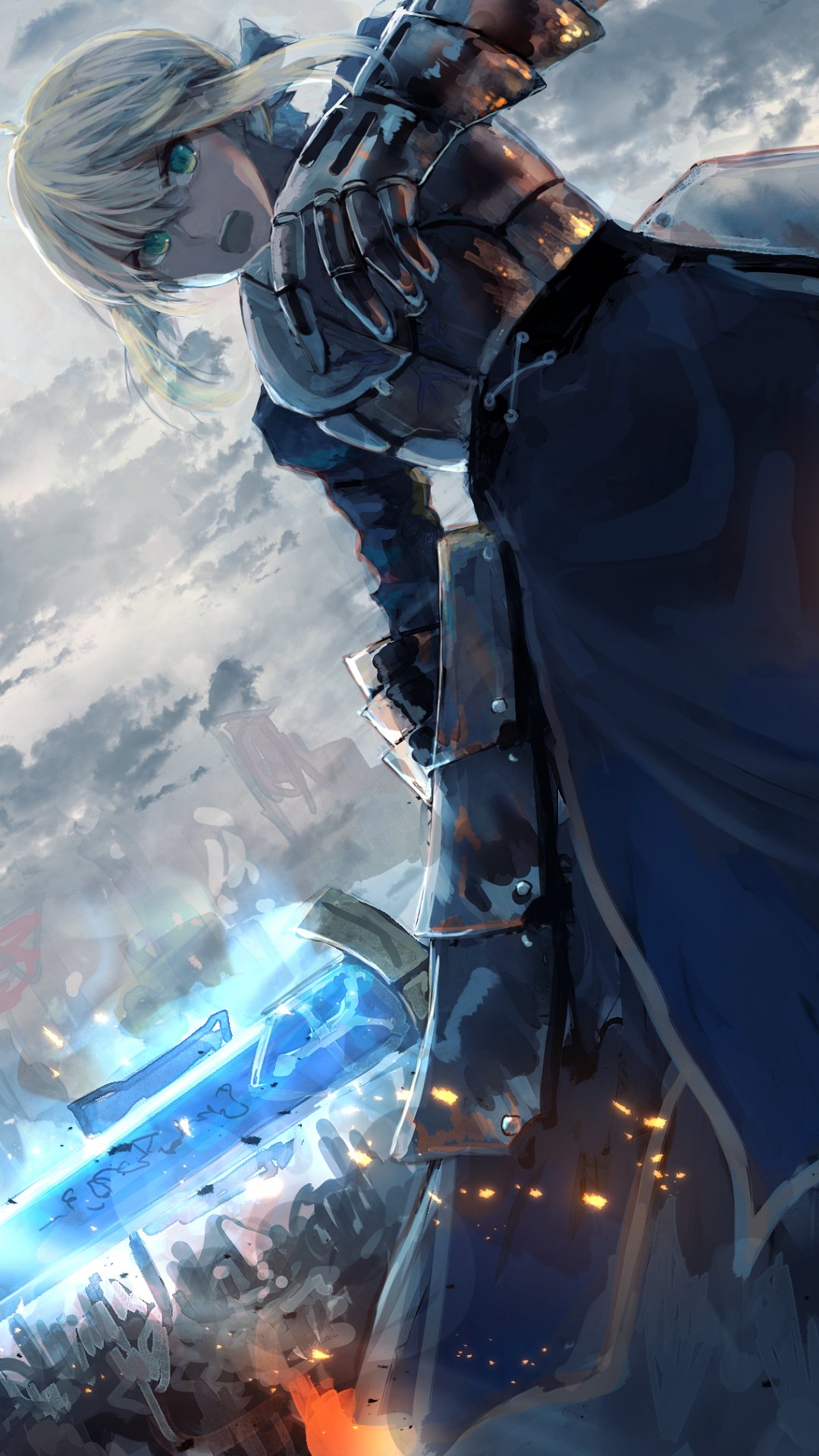 Phone wallpaper of Saber (Fate/Stay Night): armored heroine in blue dress wielding a glowing Excalibur, stormy skies and a distant battlefield in a dramatic anime portrait.