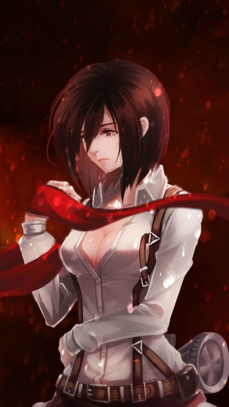 Phone wallpaper featuring Mikasa Ackerman from Attack on Titan, showcasing her in a white jacket with a red scarf against a dark, fiery background.