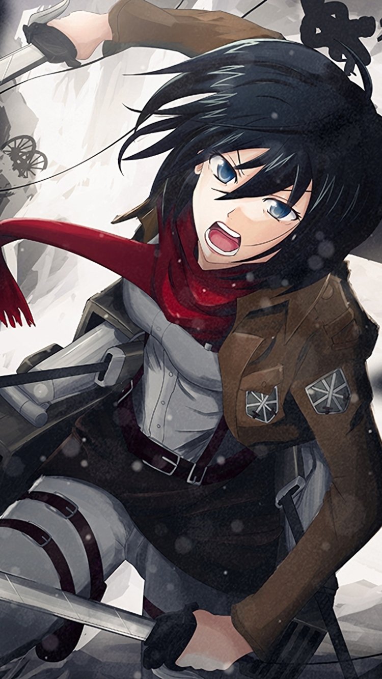 Phone wallpaper of Mikasa Ackerman from Attack on Titan — dynamic anime shot of her lunging with ODM gear, red scarf whipping, snow falling.