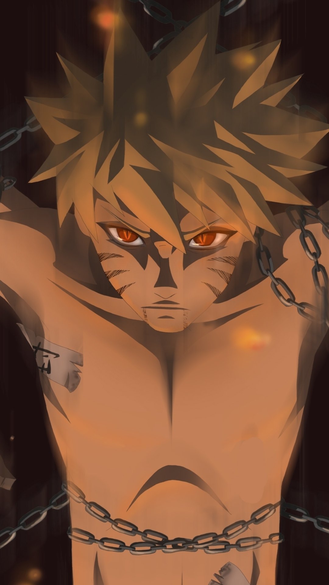 Vertical anime phone wallpaper of Naruto Uzumaki (Naruto): shirtless and chained, fierce orange eyes and whisker marks, glowing chakra and embers against a dark, smoky background.