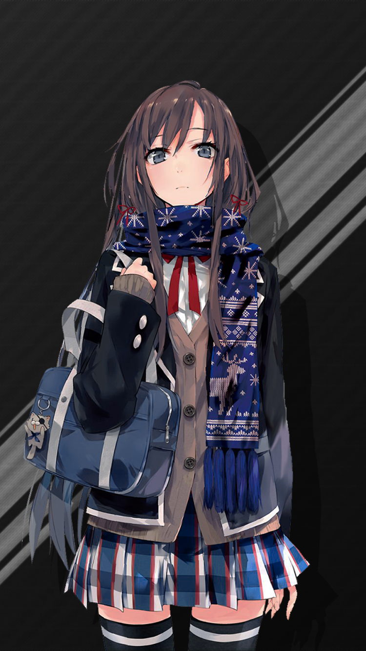 Phone wallpaper of Yukino Yukinoshita (My Teen Romantic Comedy SNAFU) in a school uniform and scarf, holding a bag against a dark diagonal-striped background.