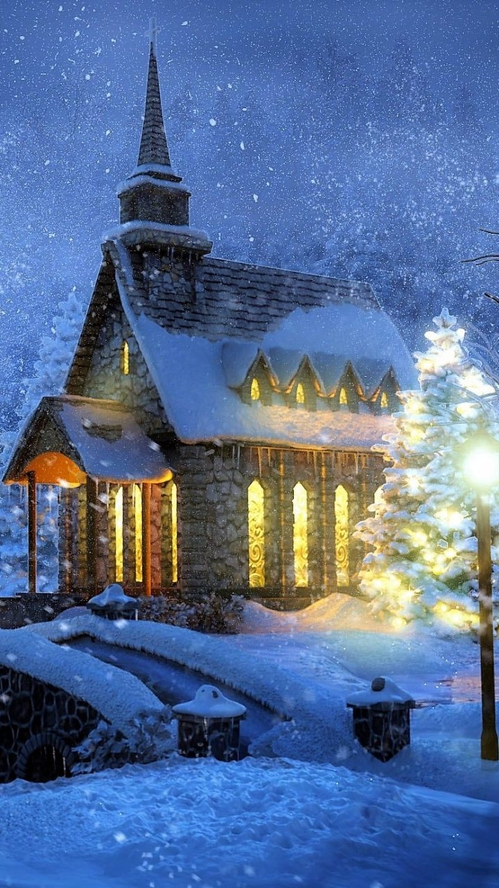 Download Bridge Snowman Snow Church Winter Snowfall Night Artistic Painting Winter Night Night Snow Phone Wallpaper