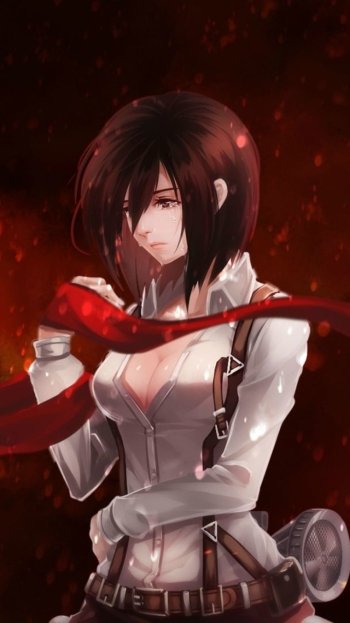 Phone wallpaper featuring Mikasa Ackerman from Attack on Titan, showcasing her in a white jacket with a red scarf against a dark, fiery background.