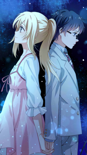 Phone wallpaper of Kousei Arima and Kaori Miyazono from Your Lie in April, standing back-to-back under a starry blue sky, holding hands in delicate anime style.