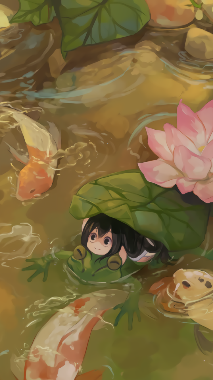 Phone wallpaper: anime My Hero Academia of Tsuyu Asui peeking from a lily leaf like a frog in a koi-filled pond with lotus blossoms.