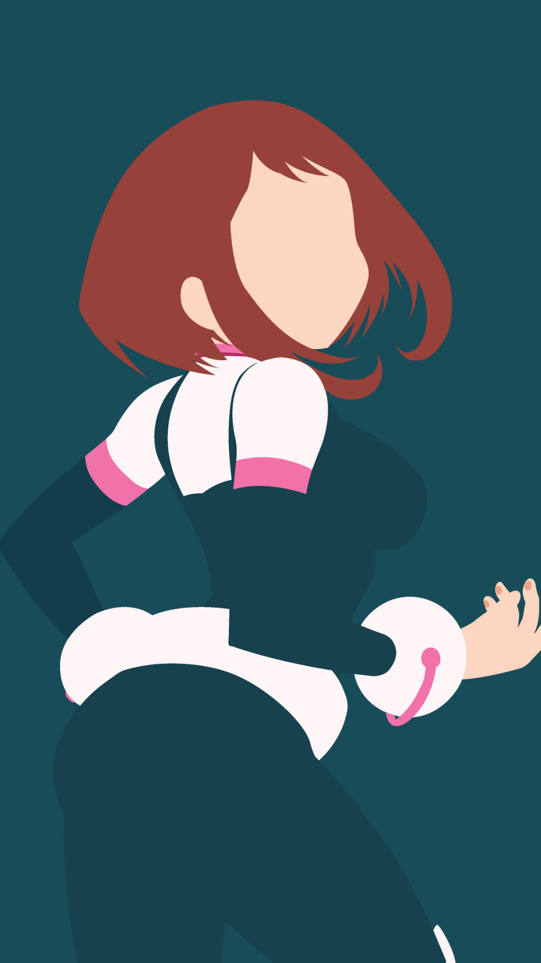 Minimalist anime phone wallpaper for iPhone and Android featuring My Hero Academia's Ochaco Uraraka in a faceless stylized side pose wearing her pink-and-black hero suit on teal background.