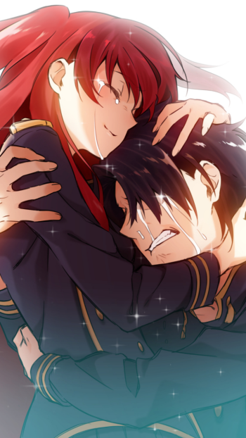 Phone wallpaper featuring Chtholly Nota Seniorious from the anime SukaSuka, showing an emotional embrace between two characters in a heartfelt moment.