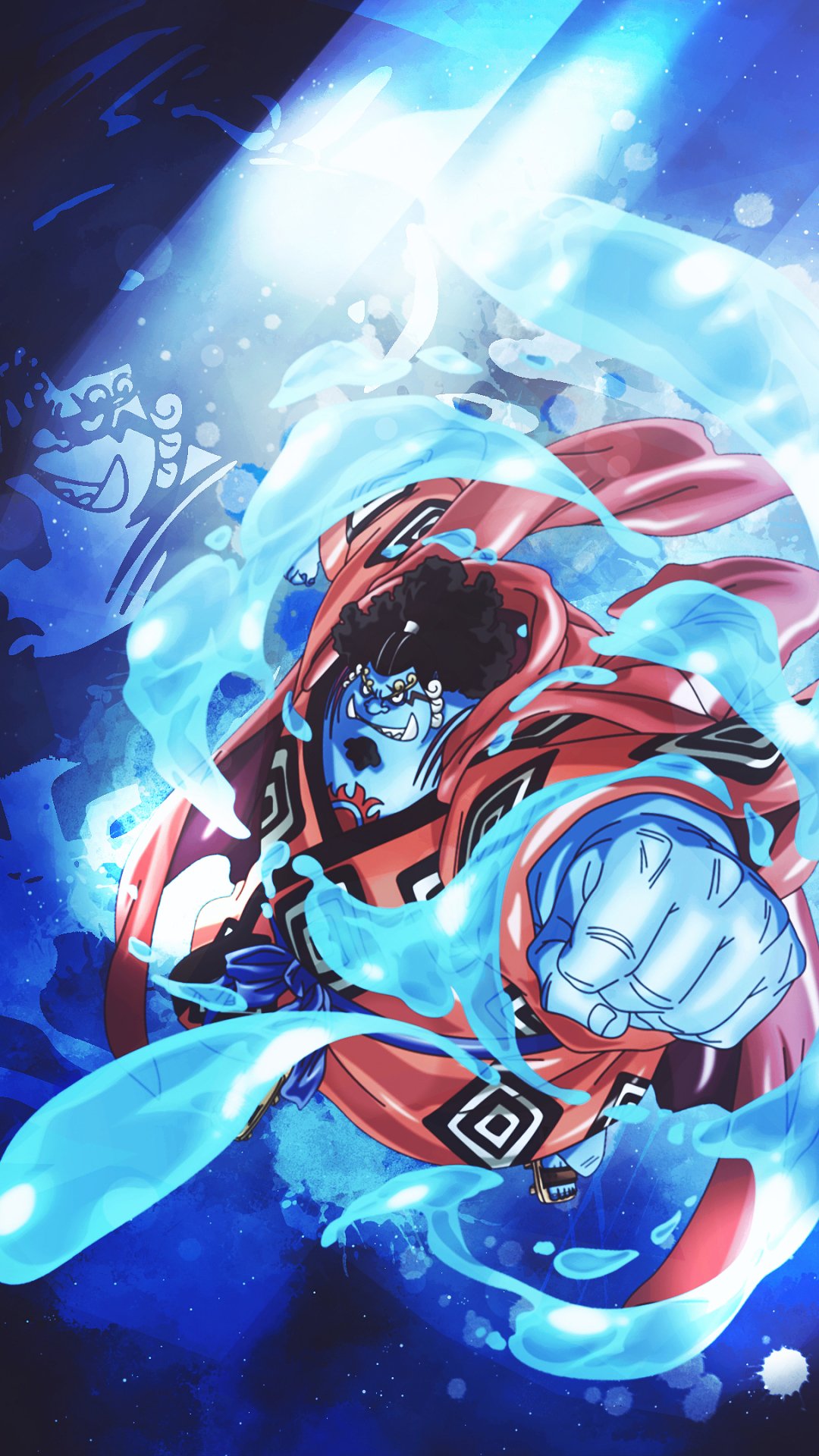 Dynamic anime phone wallpaper featuring Jinbe from One Piece, with vivid blue water effects and a powerful pose, designed for both iPhone and Android screens.