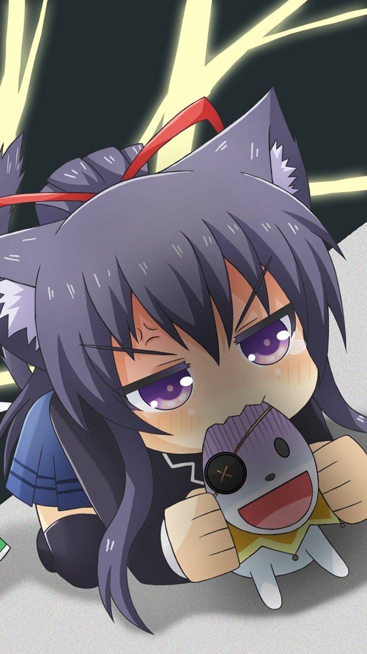 Phone wallpaper of Yoshino (clutching her Yoshinon puppet) and Tohka Yatogami from Date A Live in chibi anime style — purple-haired girl pouting and hugging the plush.
