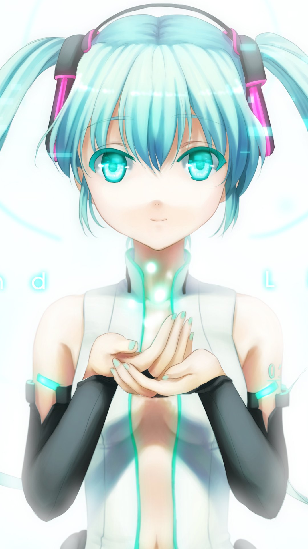 Phone wallpaper of Hatsune Miku (Vocaloid) — anime-style portrait with aqua twin-tails, glowing teal eyes, futuristic outfit, cupped hands holding a soft cyan light.