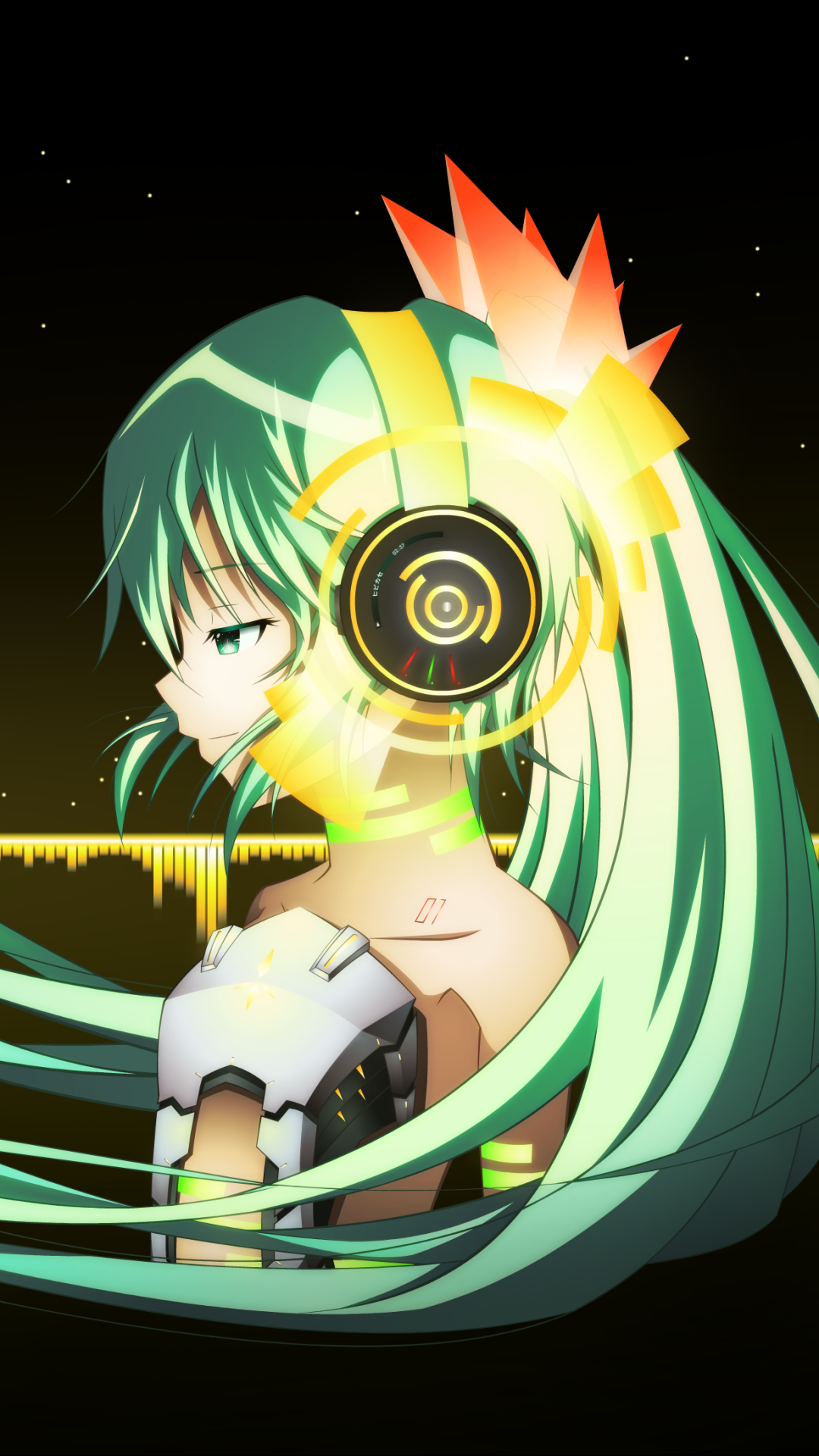 Phone wallpaper featuring Hatsune Miku from Vocaloid in anime style, with glowing headphones and flowing turquoise hair against a dark, starry background.