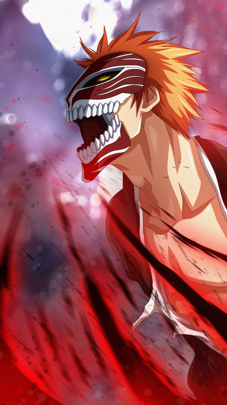 Phone wallpaper of Ichigo Kurosaki from Bleach in his Hollow mask, roaring amid red, moonlit chaos — for iPhone and Android phones.