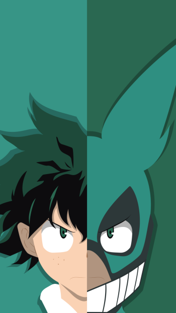 Phone wallpaper anime art of Izuku Midoriya (My Hero Academia): split portrait — freckled civilian left, masked hero right, bold green palette.