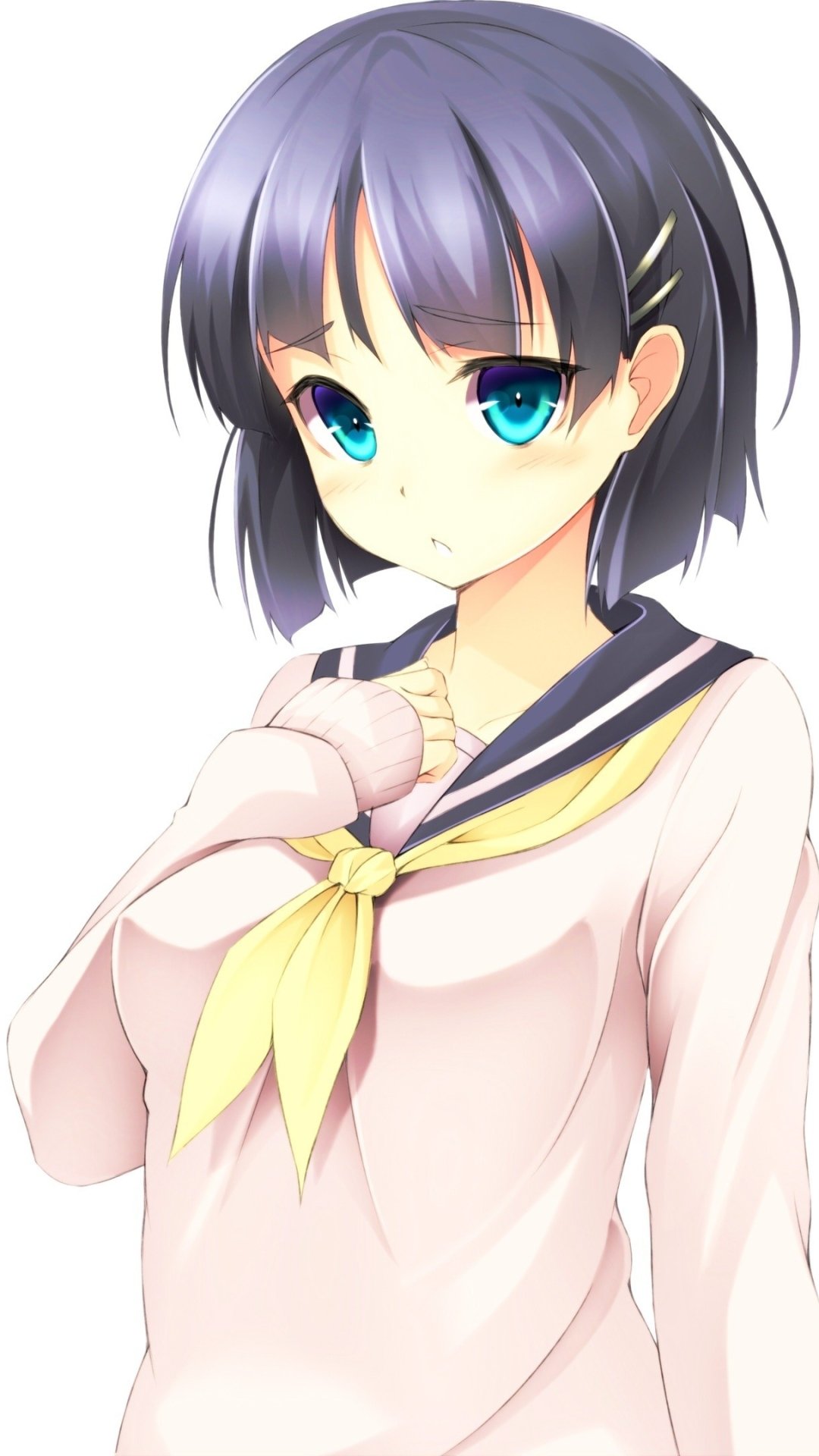 Phone wallpaper of Suguha Kirigaya from Sword Art Online — soft pastel portrait in a sailor school uniform, short dark hair and teal eyes, holding a scarf with a gentle expression.