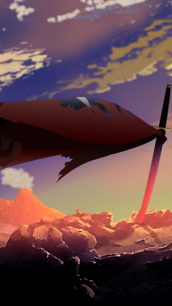 Tengen Toppa Gurren Lagann anime phone wallpaper: a tattered red flag on a tall pole above a rocky landscape at sunset, dramatic clouds and a warm, dusky sky.