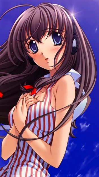 brown hair long hair headphones blue eyes blush Anime Original Phone Wallpaper