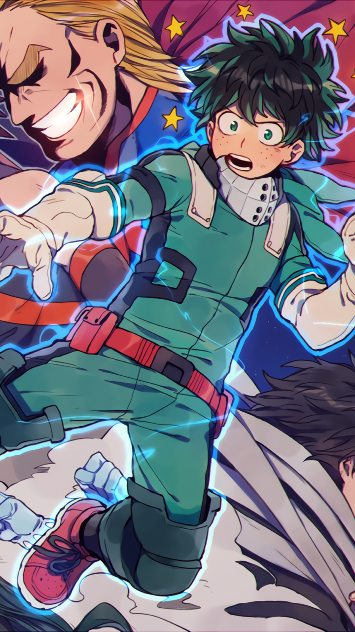 Phone wallpaper of the anime My Hero Academia: Izuku Midoriya in his green hero costume leaping forward with All Might grinning behind him, vibrant comic-style colors.