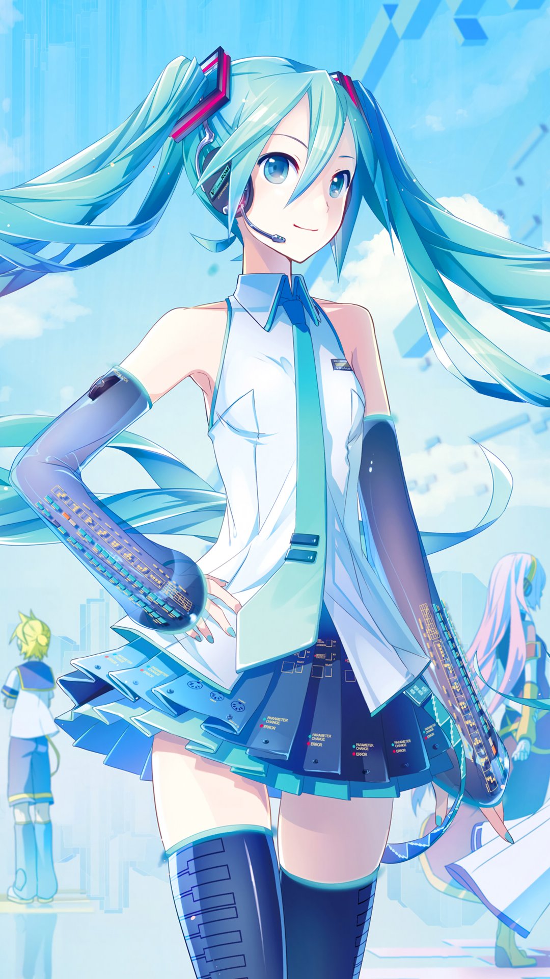 Anime-style phone wallpaper featuring Hatsune Miku with aqua hair and eyes, twintails, headphones, a tie, and thigh highs, smiling against a bright blue sky background.