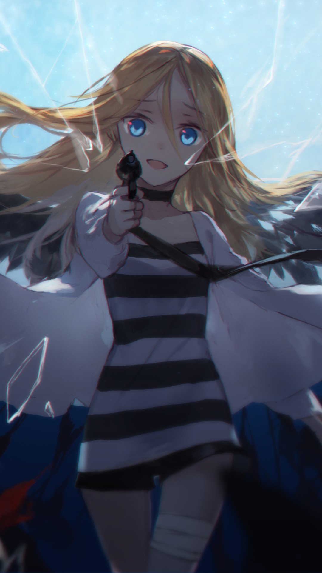 Phone wallpaper: Rachel Gardner from Angels of Death — anime portrait of a blonde girl with blue eyes in a striped dress, wings behind her, holding a small black object against a shattered sky.