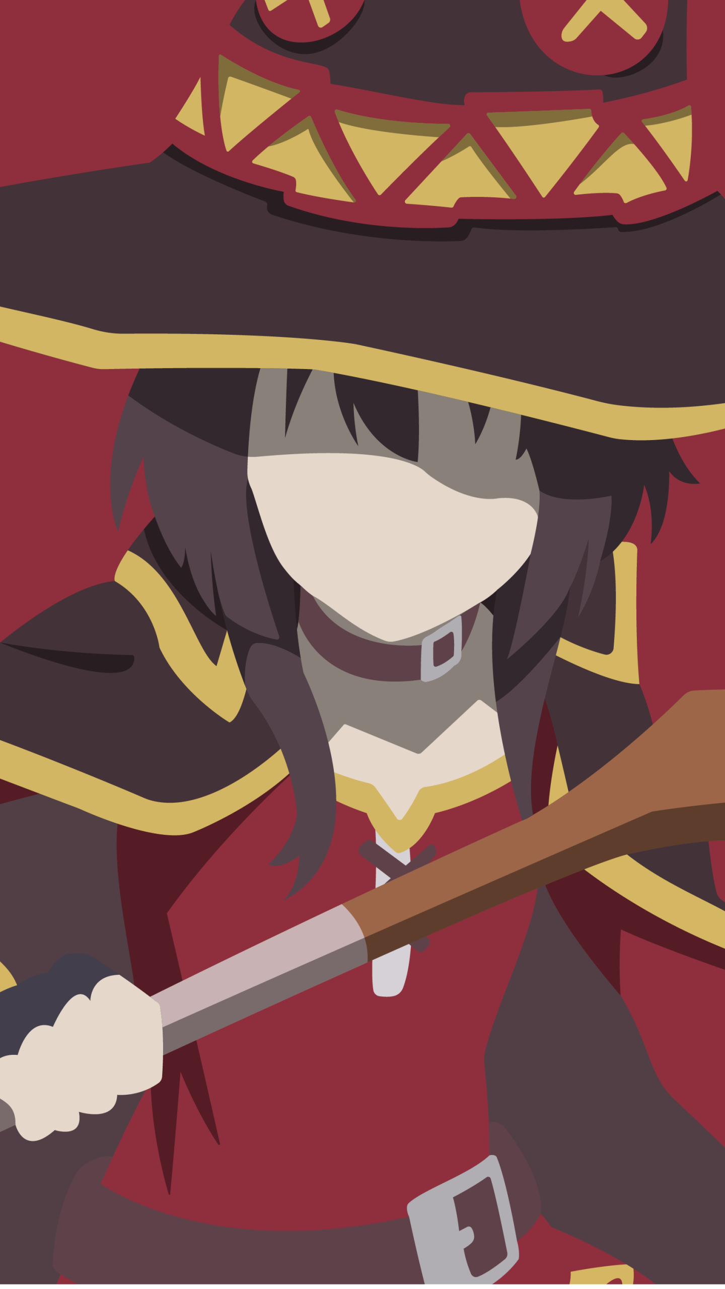 Phone wallpaper featuring faceless Megumin from KonoSuba anime, with her signature wizard hat and staff, designed for iPhone and Android screens.