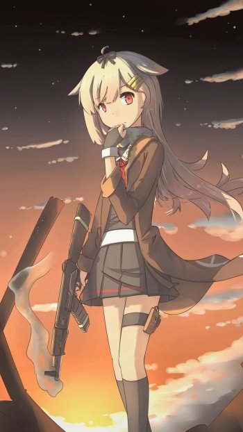 Phone wallpaper of Yuudachi (Kantai Collection / Kancolle), anime-style girl at sunset holding naval gear and a rifle, windblown hair and a determined expression.