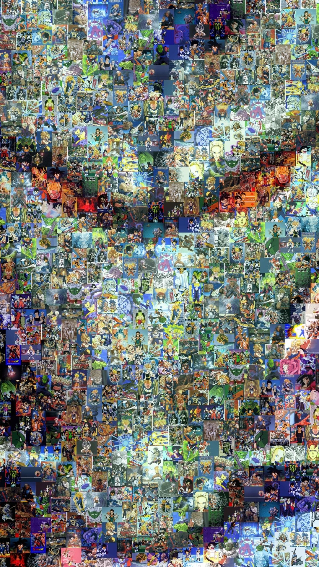 Dragon Ball Z anime phone wallpaper: mosaic of tiny character tiles assembling into Frieza’s menacing face with glowing eyes and detailed color shading.