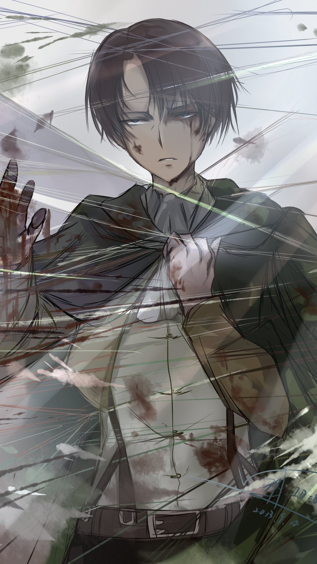 Phone wallpaper of Levi Ackerman from Attack on Titan — grim and bloodstained, adjusting his collar under a tattered cape as blades and debris streak across the scene.