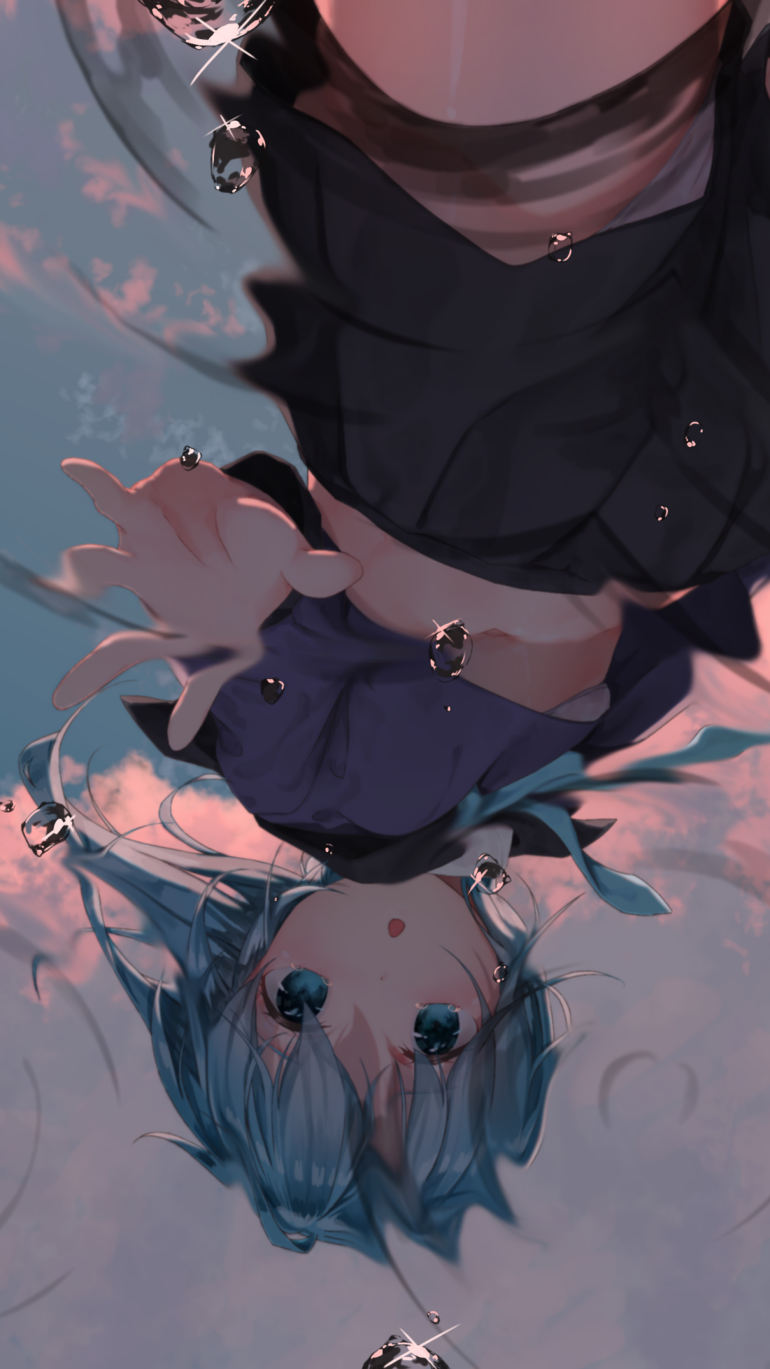 Phone wallpaper of Minazuki (Kantai Collection): anime blue-haired girl upside-down in a naval school uniform, reaching toward the viewer through floating water droplets against a pink twilight sky.
