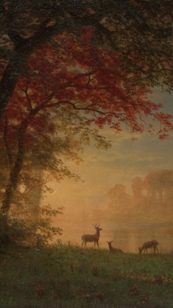 deer tree lake artistic landscape Phone Wallpaper