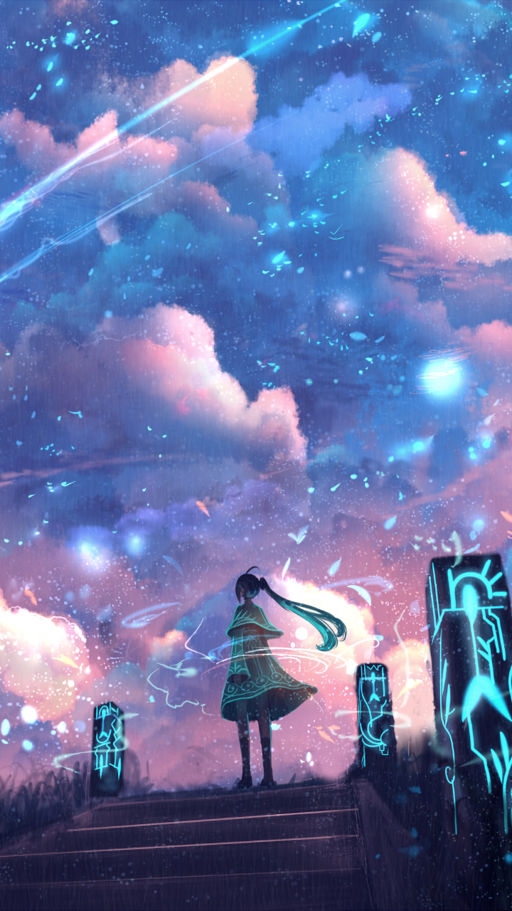Anime original phone wallpaper: a lone girl with flowing hair stands on steps between glowing cyan pillars, gazing at pastel pink-and-blue clouds, streaking stars, and falling light.