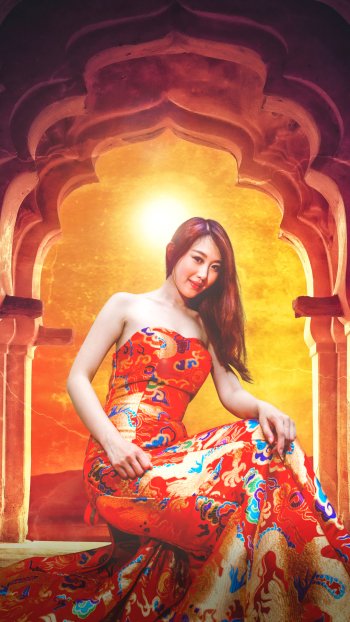 model dress arch temple sunset architecture woman asian Phone Wallpaper