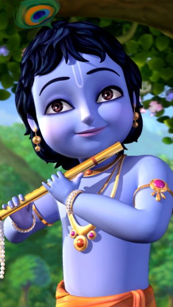 Phone wallpaper of Little Krishna from the TV show: a smiling blue-skinned child deity playing a flute, peacock feather in his hair beneath a leafy tree