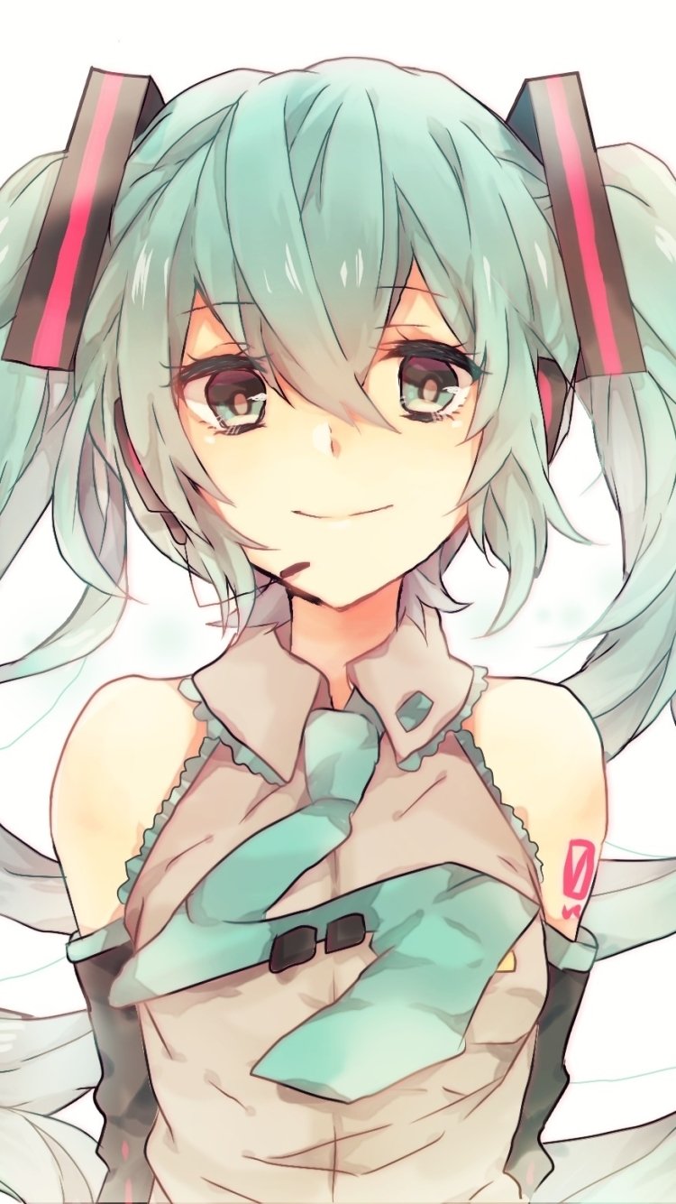 Hatsune Miku phone wallpaper: smiling anime Vocaloid with long blue twintails, blue eyes, headset accents, teal tie and sleeveless outfit in a soft pastel watercolor style.