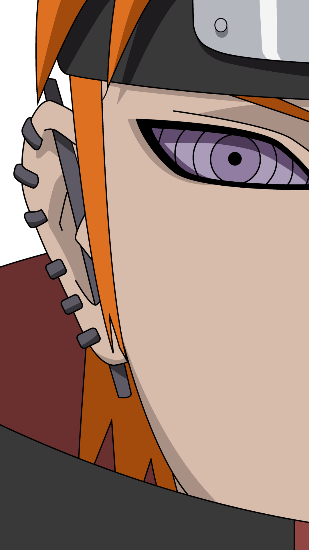 Phone wallpaper of Pain (Naruto) anime, close-up half-face with Rinnegan eye, orange hair, headband and facial piercings.