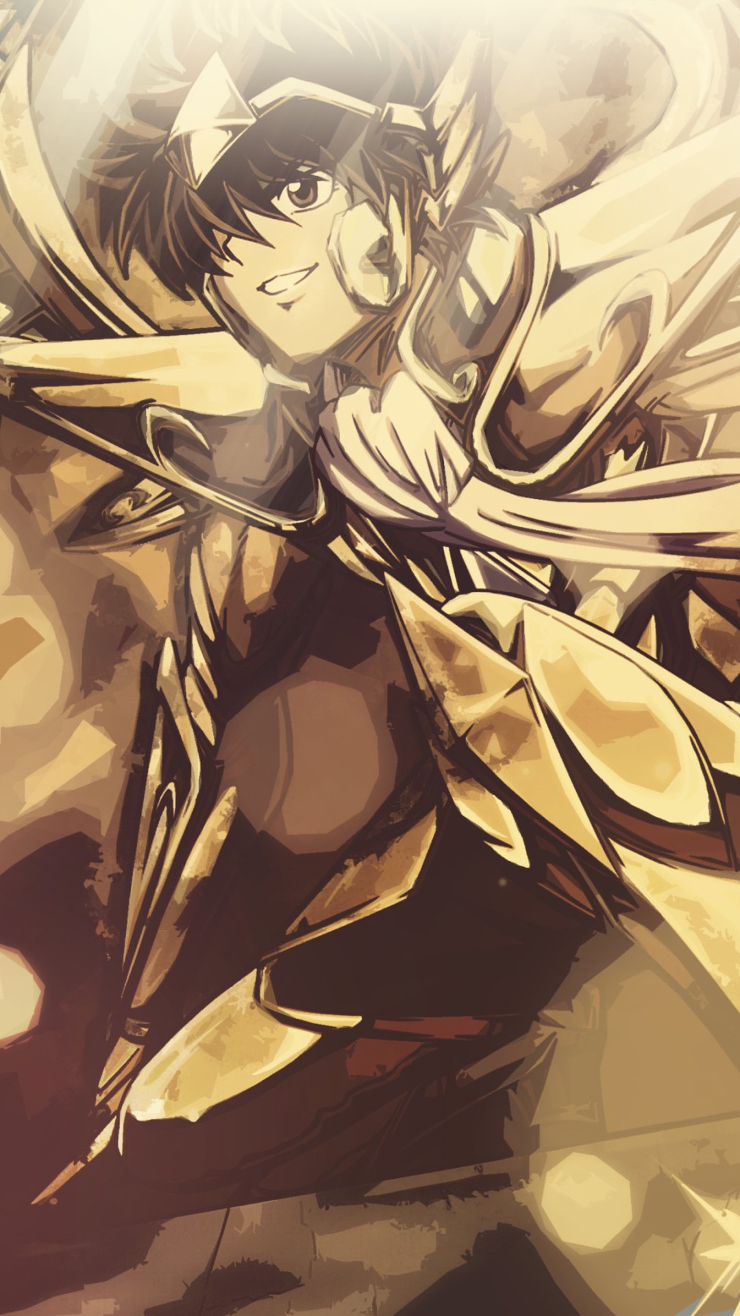 Anime Saint Seiya phone wallpaper: a heroic saint in ornate golden armor strikes a dynamic pose, warm sepia lighting and radiant highlights.