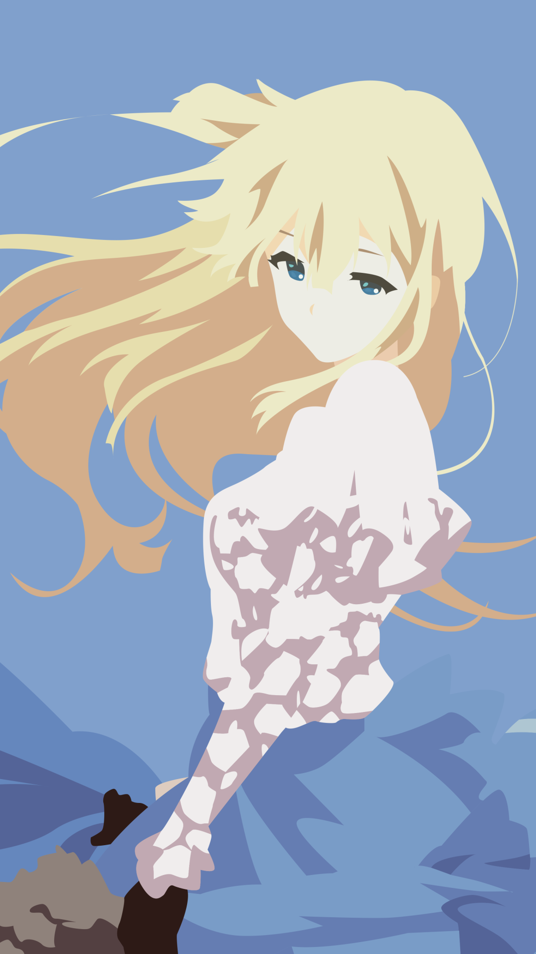 Phone wallpaper of Violet Evergarden (anime character): stylized portrait with flowing blond hair, pale dress and a calm blue background.