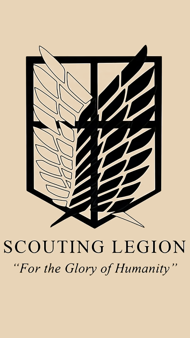 Anime-themed Attack on Titan phone wallpaper featuring the Scouting Legion emblem with crossed swords and the motto For the Glory of Humanity, designed for iPhone and Android.