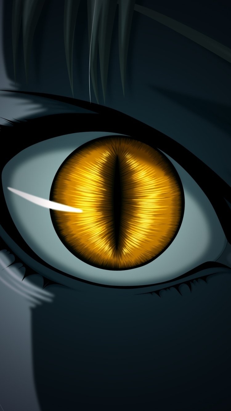Close-up of a glowing yellow slit-pupil eye in a dark Claymore-style anime scene, high-contrast shadows, phone wallpaper composition.