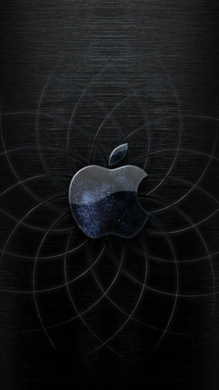 Phone wallpaper with dark brushed-metal texture, concentric geometric rings, and a glossy, star-speckled Apple Inc. logo centered — sleek technology aesthetic.
